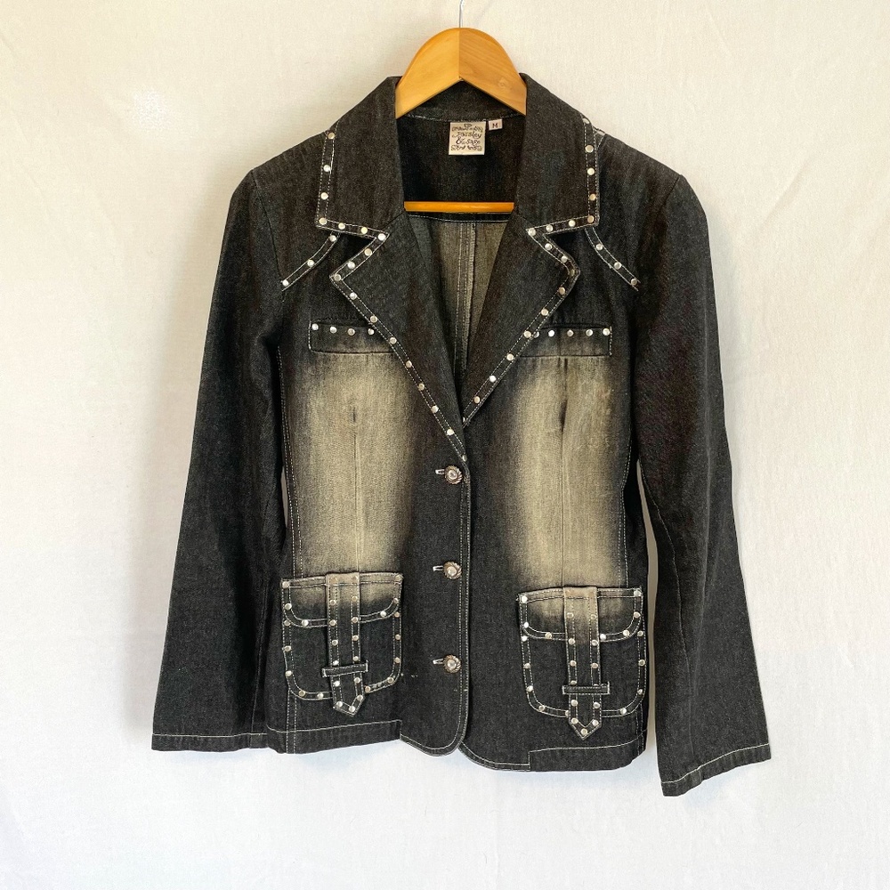 PARSLEY & SAGE Women’s Medium Black Denim Blazer Heavily Distressed Metal Rivets